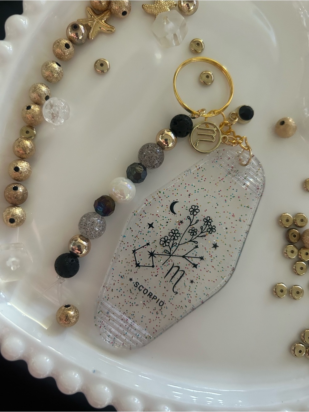 Scorpio Zodiac Keychain Charm - Glitter White with Gold Accents